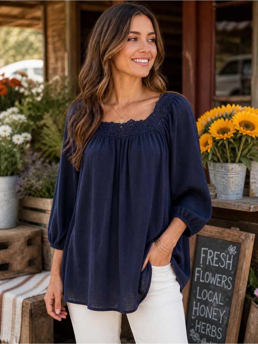 I.N. Studio Navy Blue Lace Trim Tunic Top Women’s Medium Boho Peasant Blouse